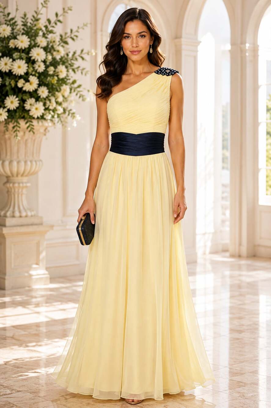 One Shoulder Yellow & Black Maxi Dress in Butter Yellow